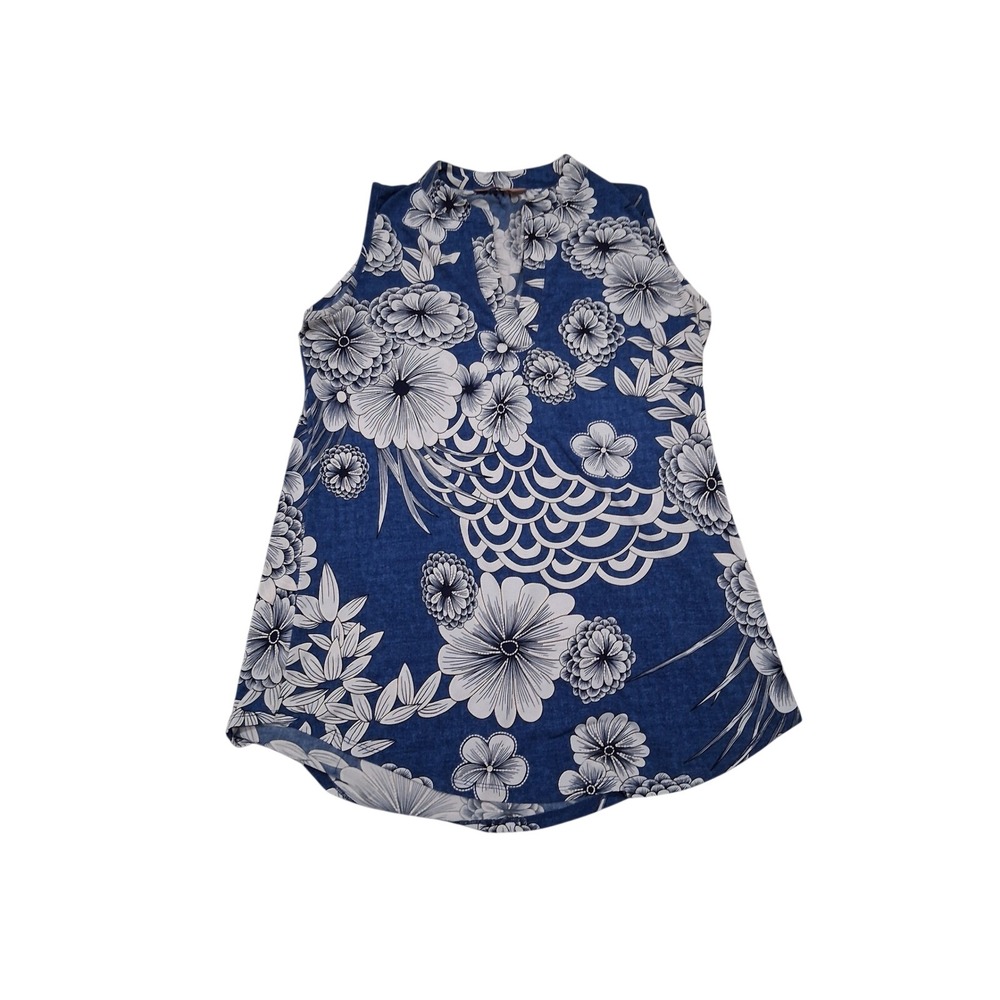 SJS Womens Blue White Floral Sleeveless Split Neck Tunic Top Size Large